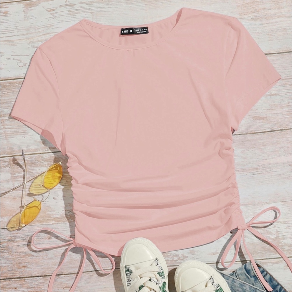 Ruched Drawstring Knot Slim Tee
